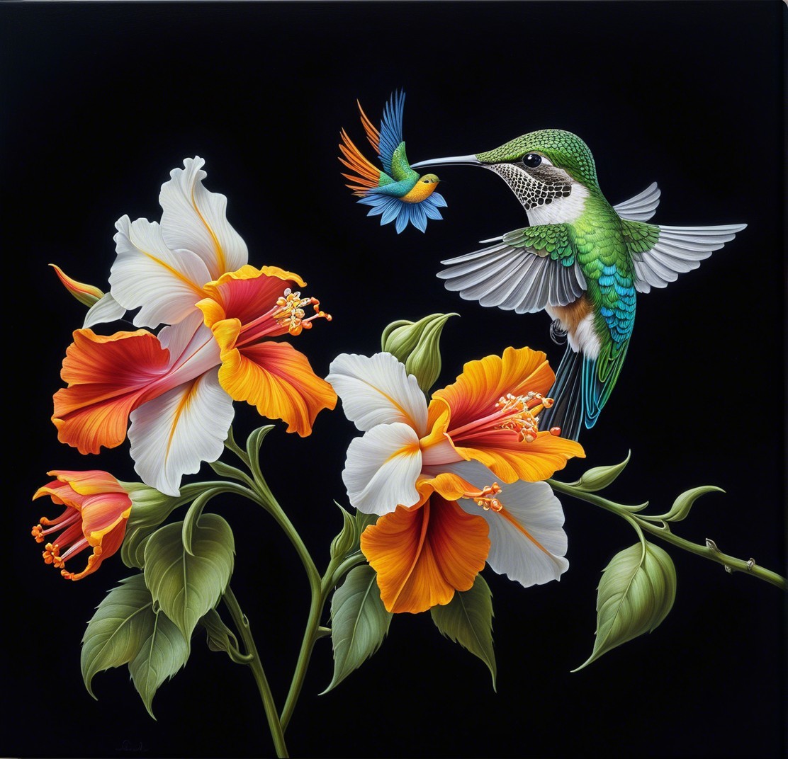 Digital Painting of Hummingbirds and Hibiscus Flowers