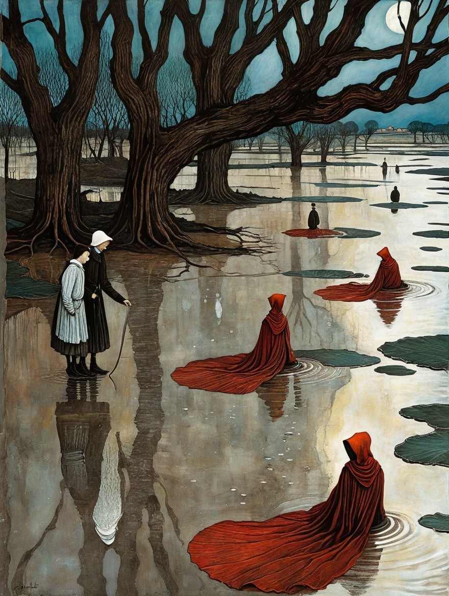 Surreal Landscape with Dark Trees and Floating Figures