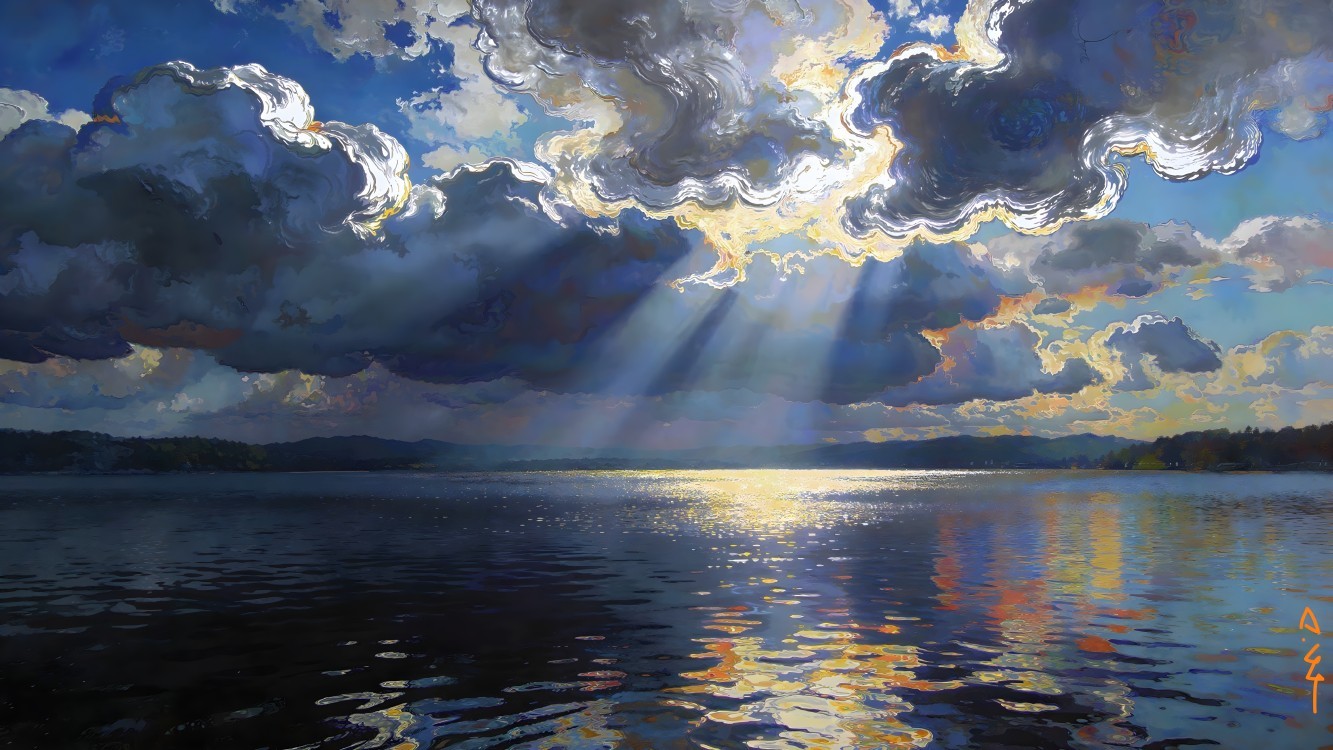 Dramatic Sunset Over Water with Dark Clouds and Light