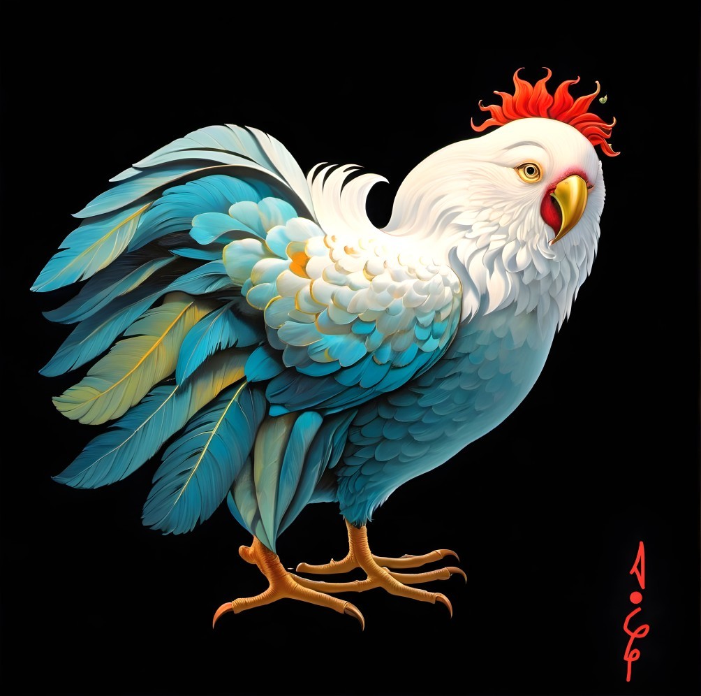 Vividly Colored Rooster on Black Background
