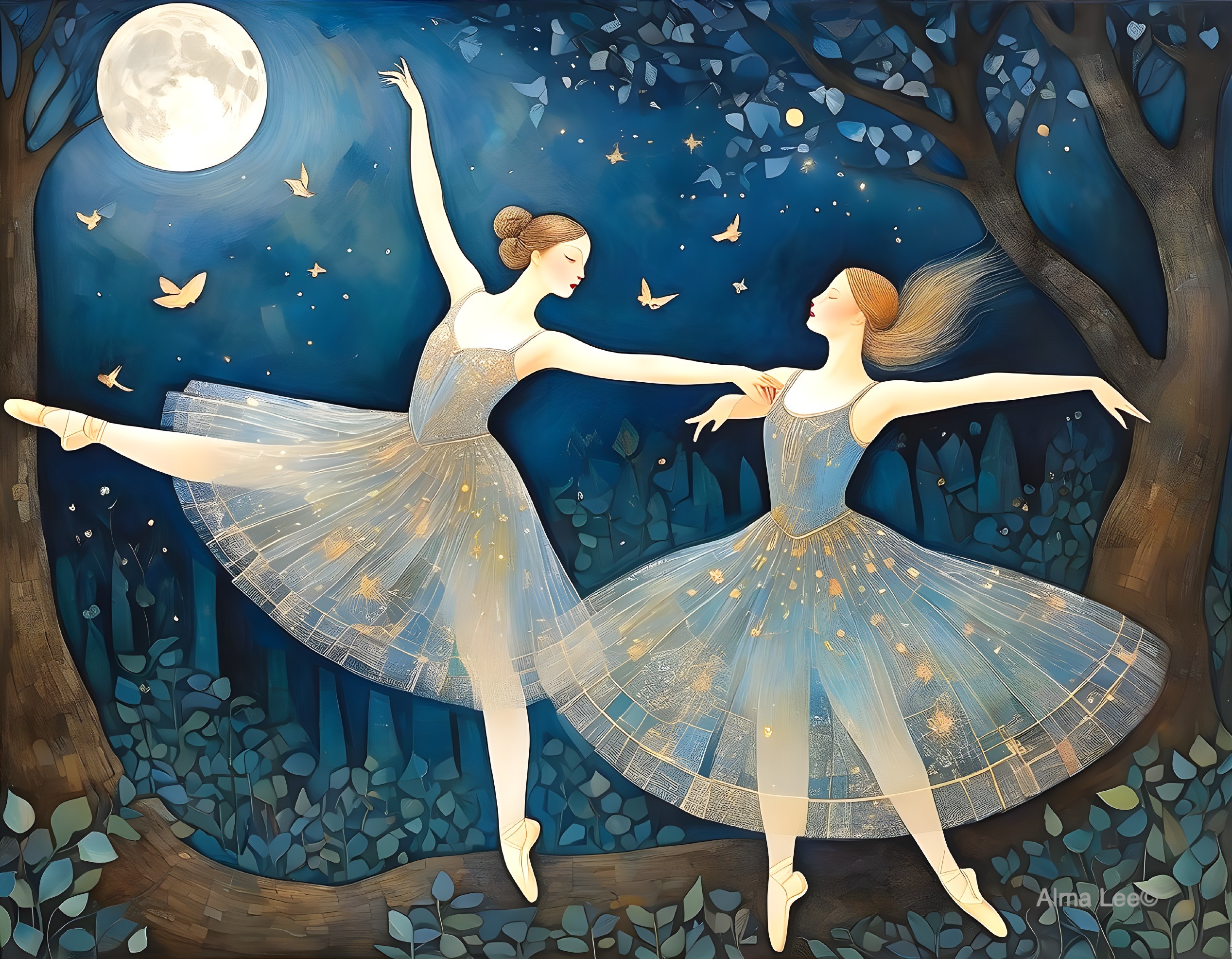 Ballerinas Dancing Under a Full Moon at Night