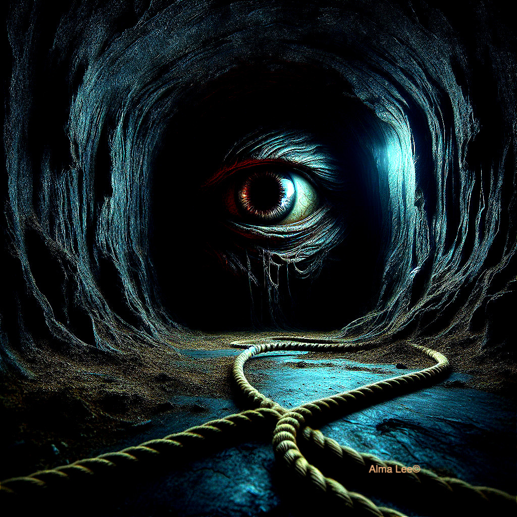 Dark Tunnel with Haunting Eye and Rope on Ground
