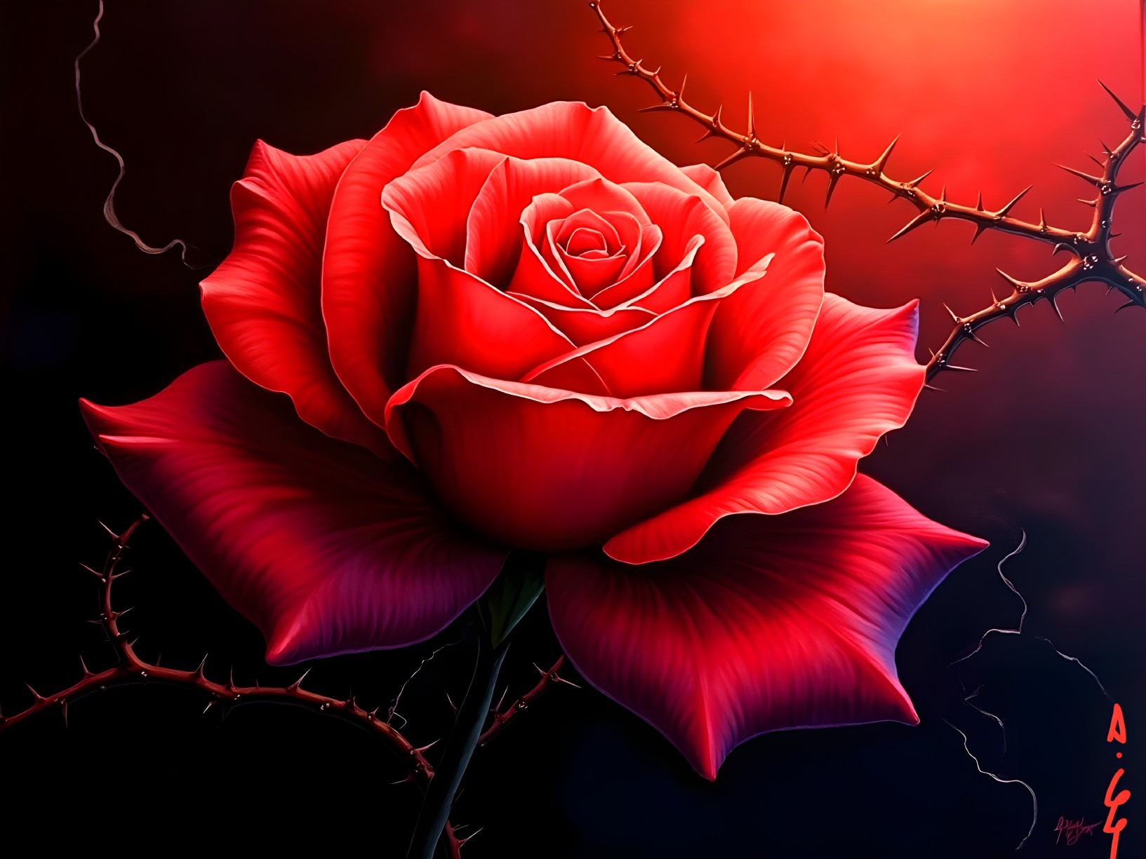 Realistic Red Rose with Dramatic Backdrop and Thorns