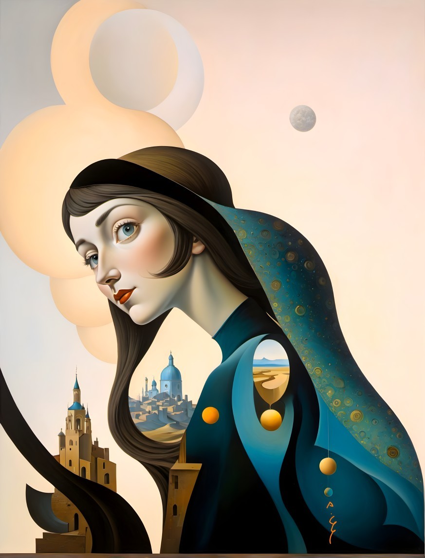 Portrait of a Woman with Large Eyes and Cityscape Elements