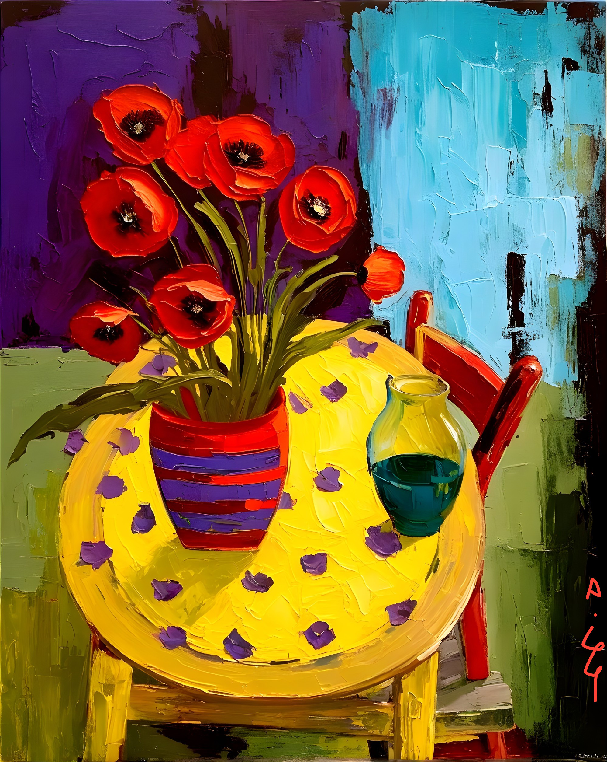Vibrant Still Life with Yellow Table and Red Poppies