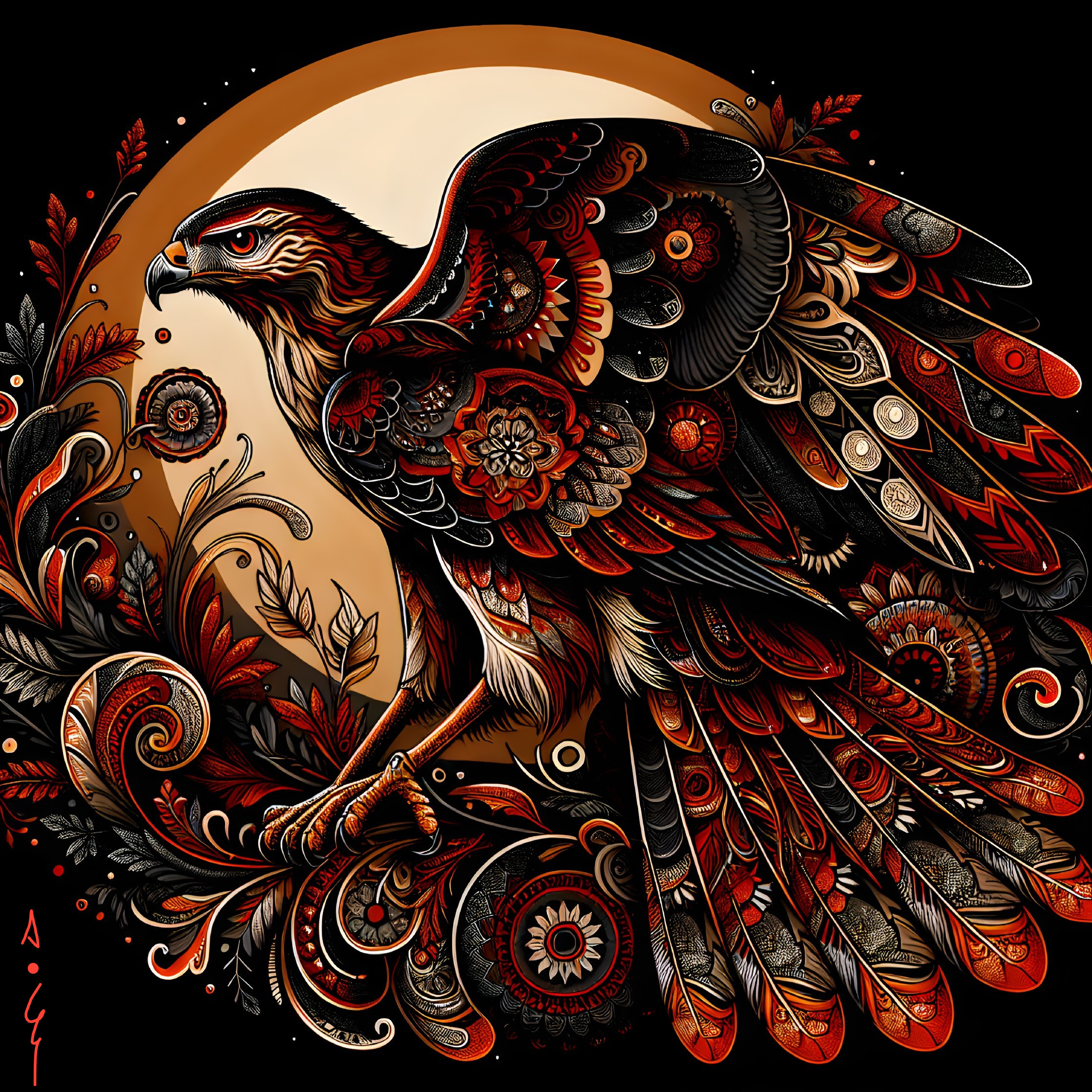 Hawk Illustration with Floral Patterns and Warm Backdrop