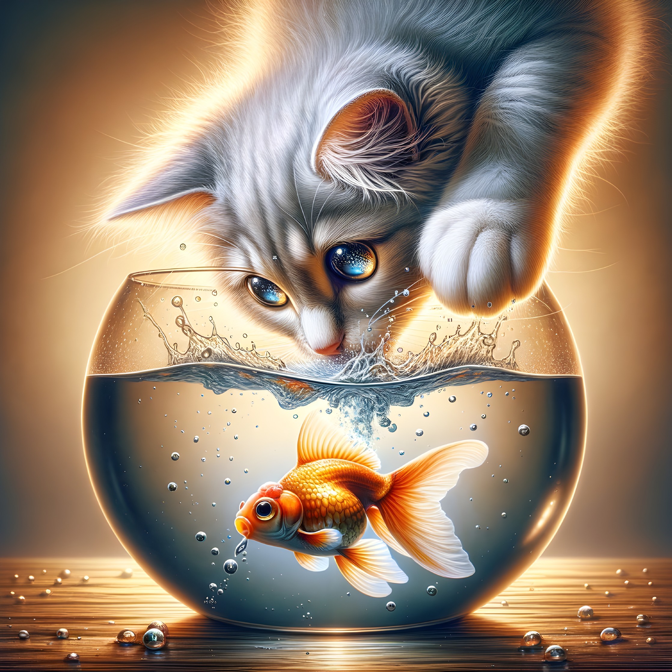 Fluffy cat reaching for goldfish in fishbowl on wooden surface