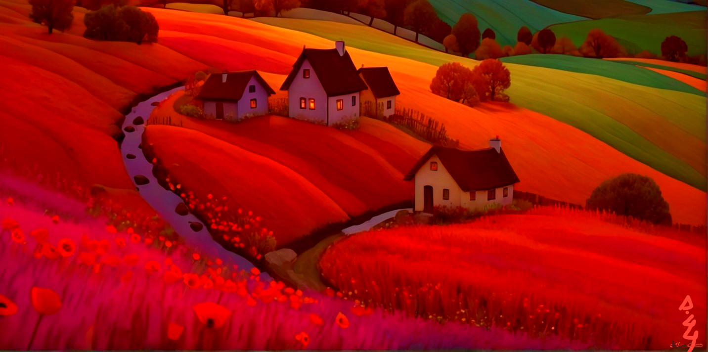 Vibrant Countryside Scene at Dusk with Cozy Houses