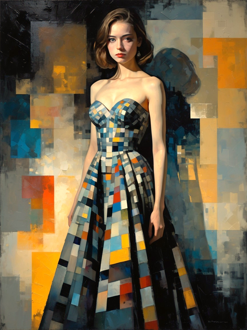 Striking Woman in Geometric Dress with Abstract Background