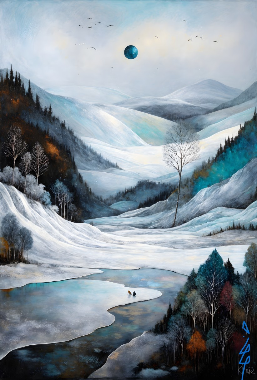 Serene Winter Landscape with Snow and Tranquil River