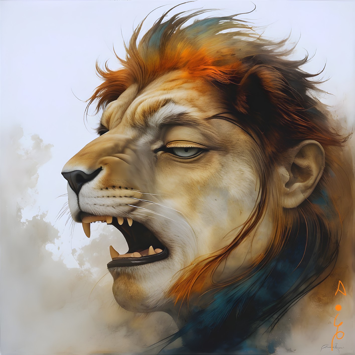 Close-Up of a Lion's Face with Colorful Fur Details