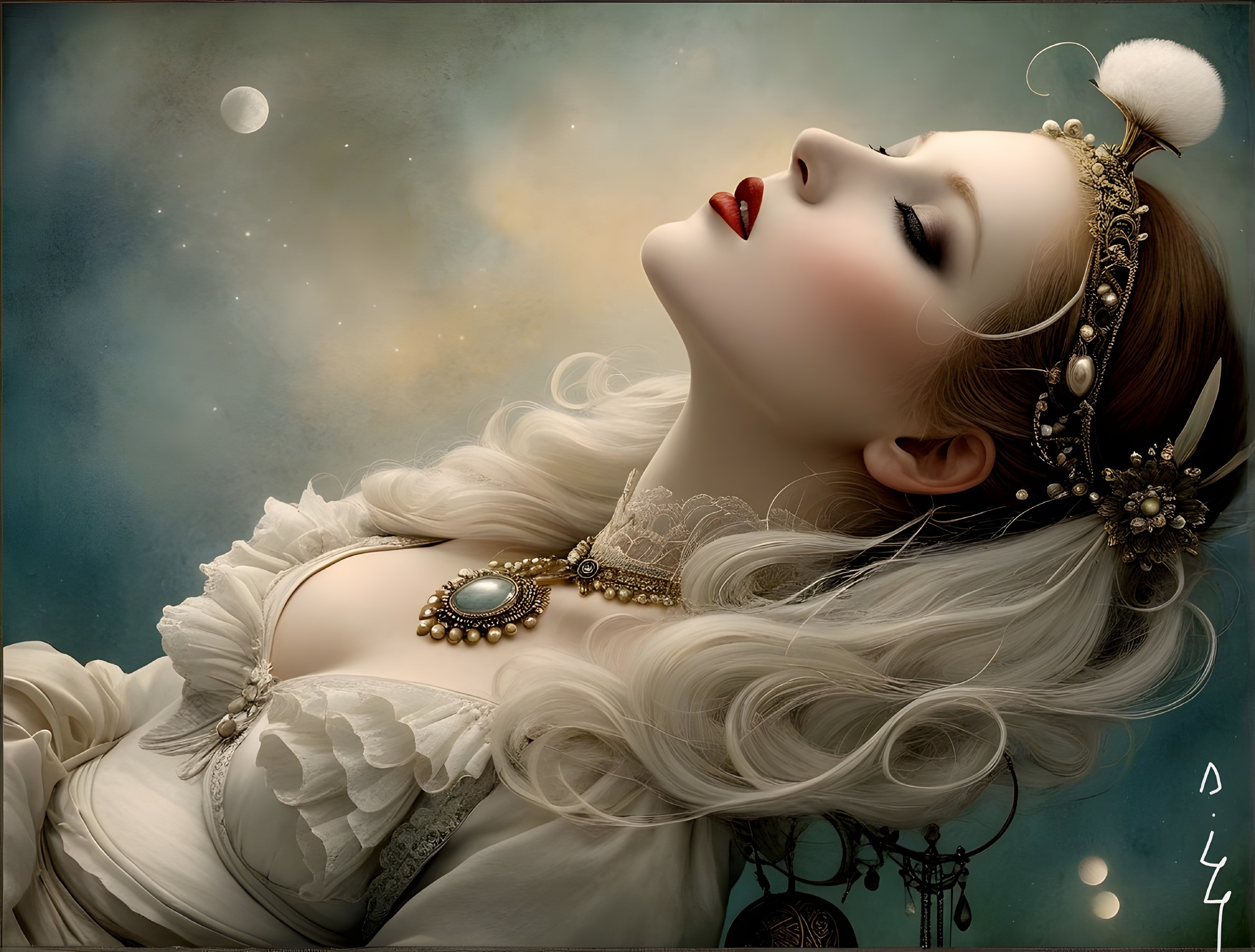 Ethereal Woman with Silvery Hair and Ornate Headpiece