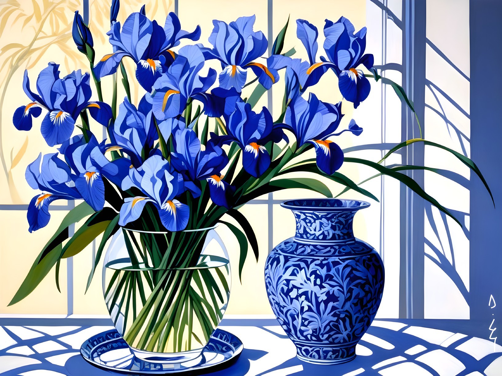 Vibrant Blue Irises in Clear Glass and Porcelain Vases