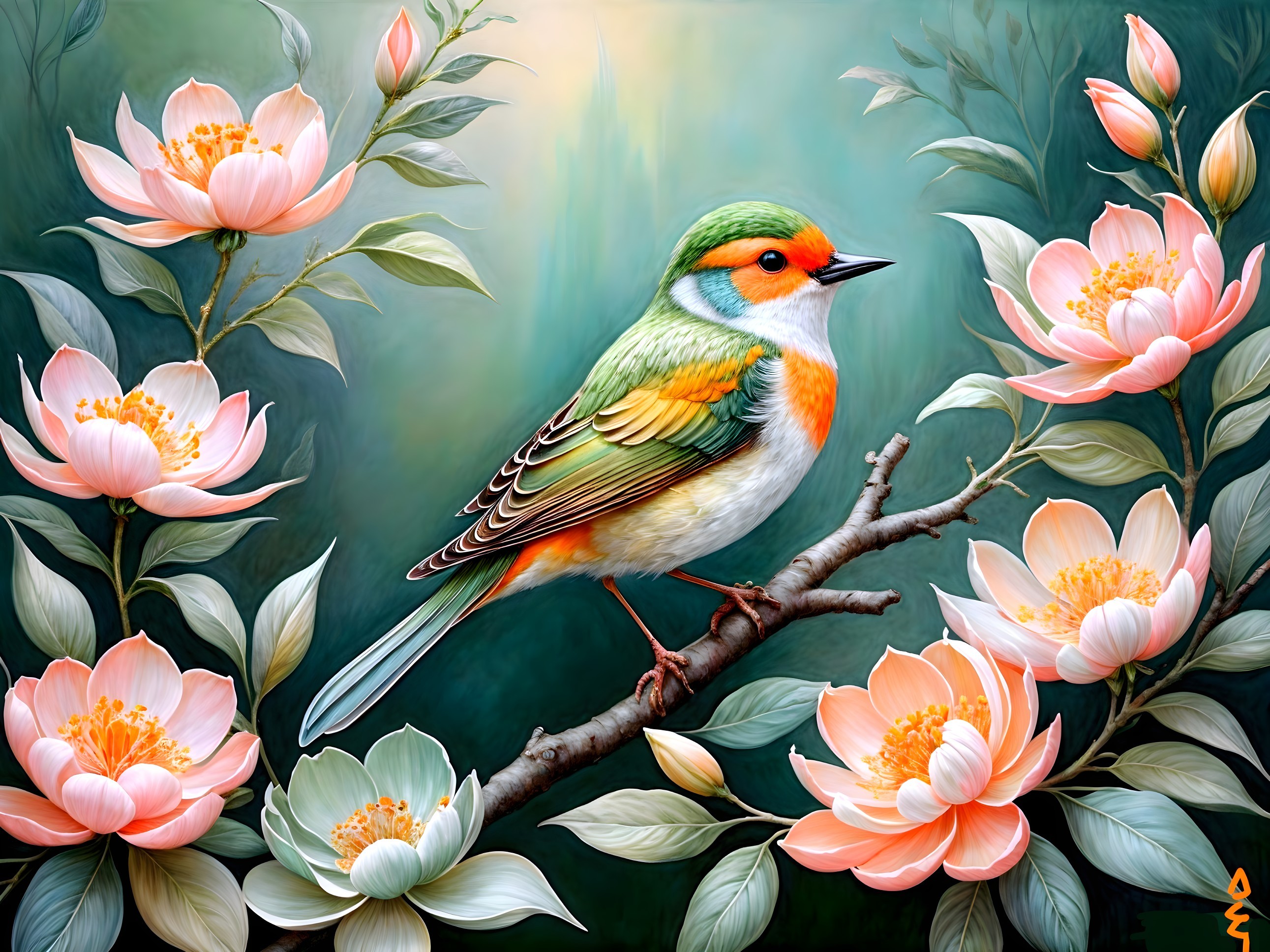 Vibrant Bird with Green and Orange Plumage on Branch