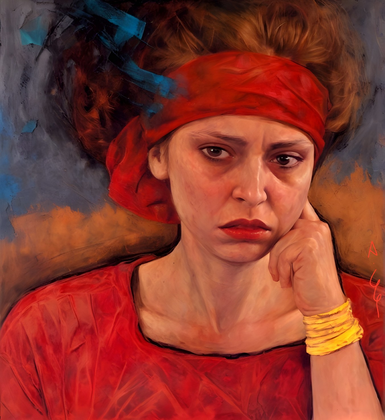 Contemplative Woman in Red Shirt and Headscarf