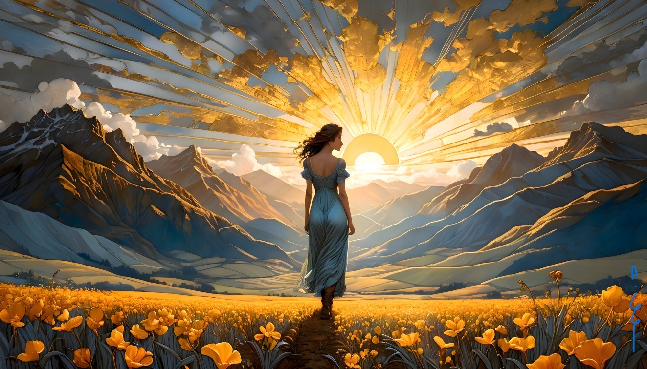 Woman in Dress Walking Through Yellow Flower Field