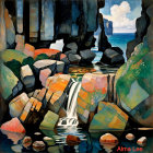 Vibrant quilt featuring a serene waterfall scene