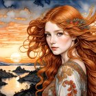 Young Woman with Red Hair in Serene Sunset Landscape