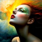 Dramatic portrayal of a woman amidst flames and smoke