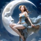 Whimsical Figure in Crescent Moon Boat Under Stars