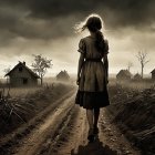 Solitary girl walking on a dirt road in desolate landscape