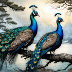 Vibrant Peacocks on Branch with Abstract Background