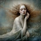 Ethereal Woman with Red Hair by Crescent Moon Window