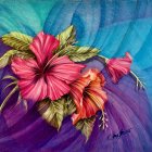 Colorful Artwork of Hibiscus Flowers and Lush Leaves