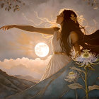 Serene Woman in White Dress Reaching for the Sun