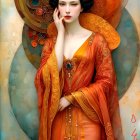 Young woman in vibrant red and orange flowing robe
