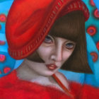 Young woman in red hat and outfit with abstract background