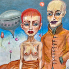 Three Stylized Figures on Dreamy Blue Background