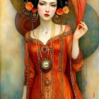 Abstract Portrait of Woman in Red Gown with Geometry