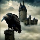Majestic Vultures Under a Full Moon with Castles