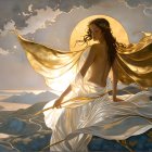 Radiant Figure in White Garment on Hillside Landscape
