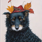 Black and tan dog with maroon hat and autumn leaves