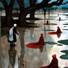 Surreal Landscape with Moonlit Sky and Red Robes