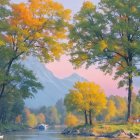 Ethereal trees and mystical landscape with river and moon