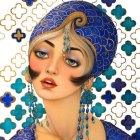 Portrait of a woman in blue headdress and outfit