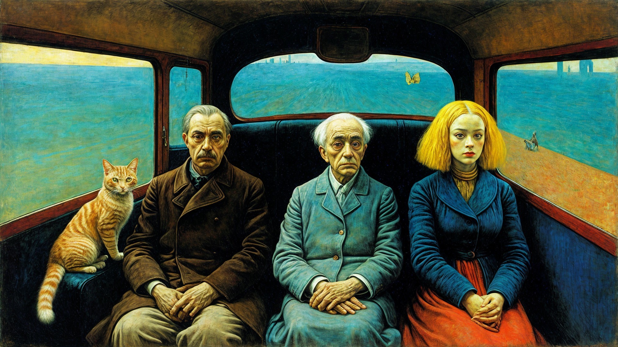 Solemn Train Carriage Scene with Three Individuals and Cat