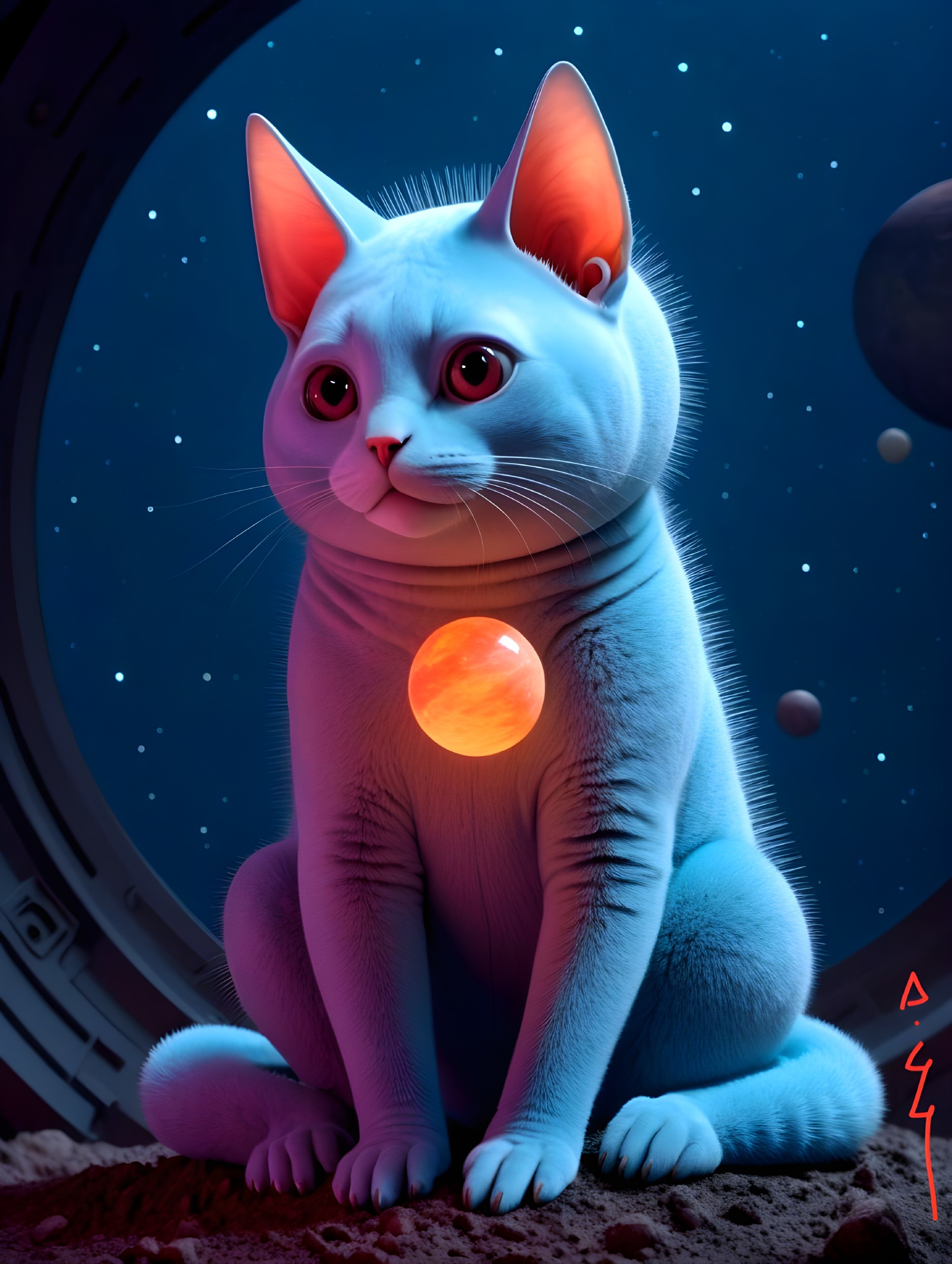 Whimsical Cat in Space with Glowing Planet Detail