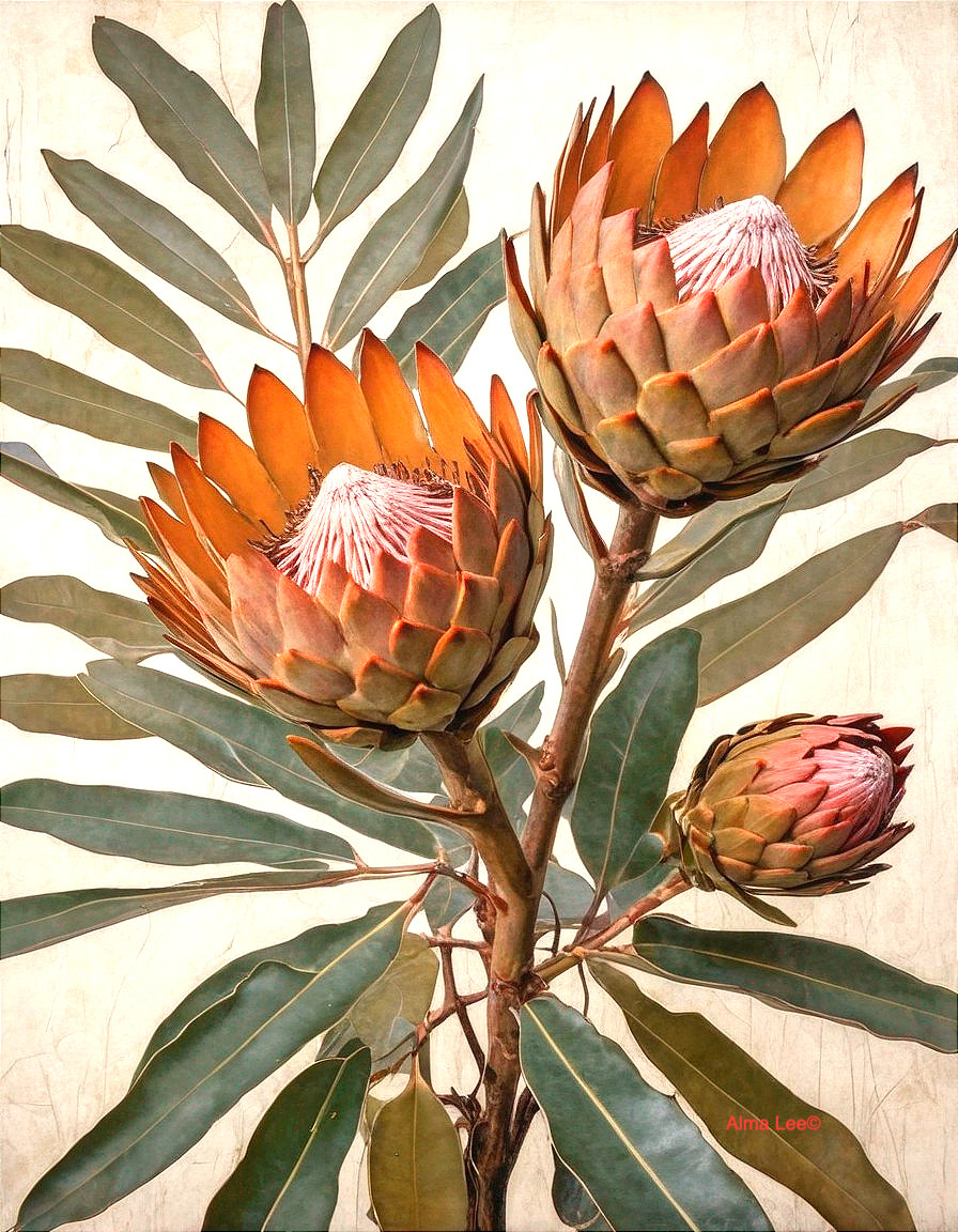 Vibrant Protea Flowers with Green Leaves Display