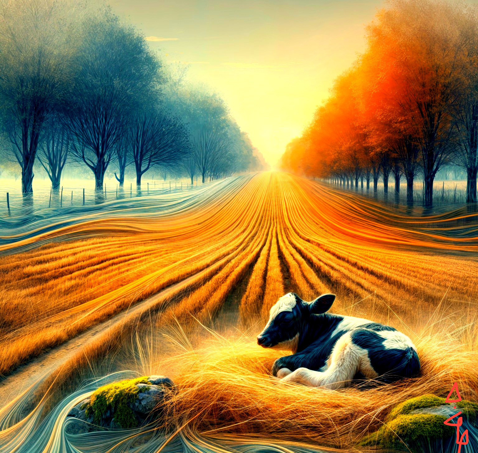 Serene landscape with a resting black-and-white calf