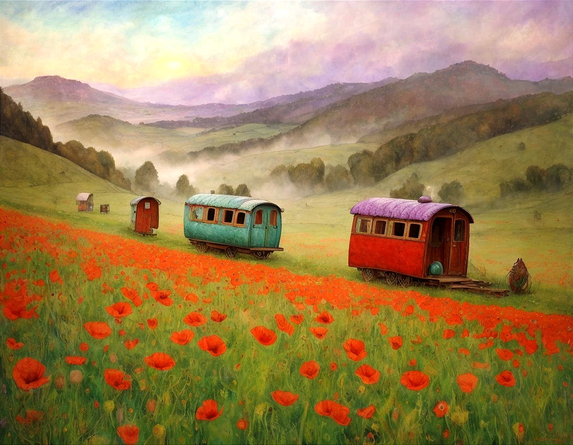 Vibrant Poppy Fields and Vintage Caravans Landscape