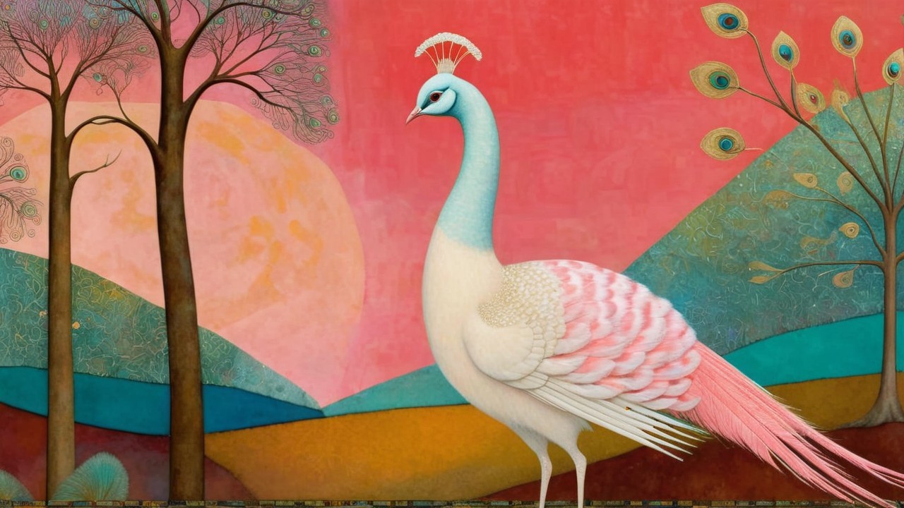 Stylized Peacock with Pastel Colors on Pink Background