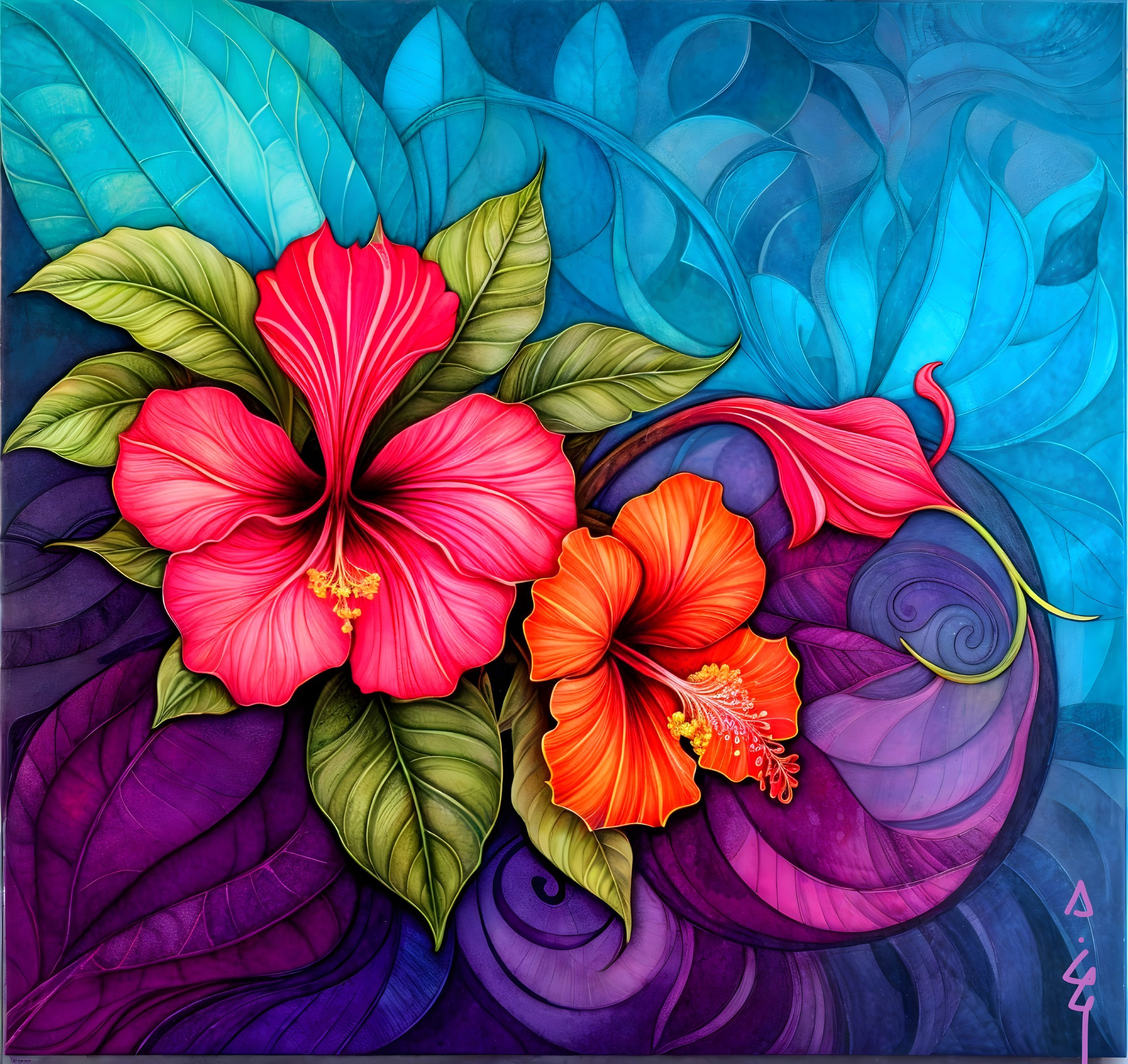 Colorful Artwork of Hibiscus Flowers and Lush Leaves