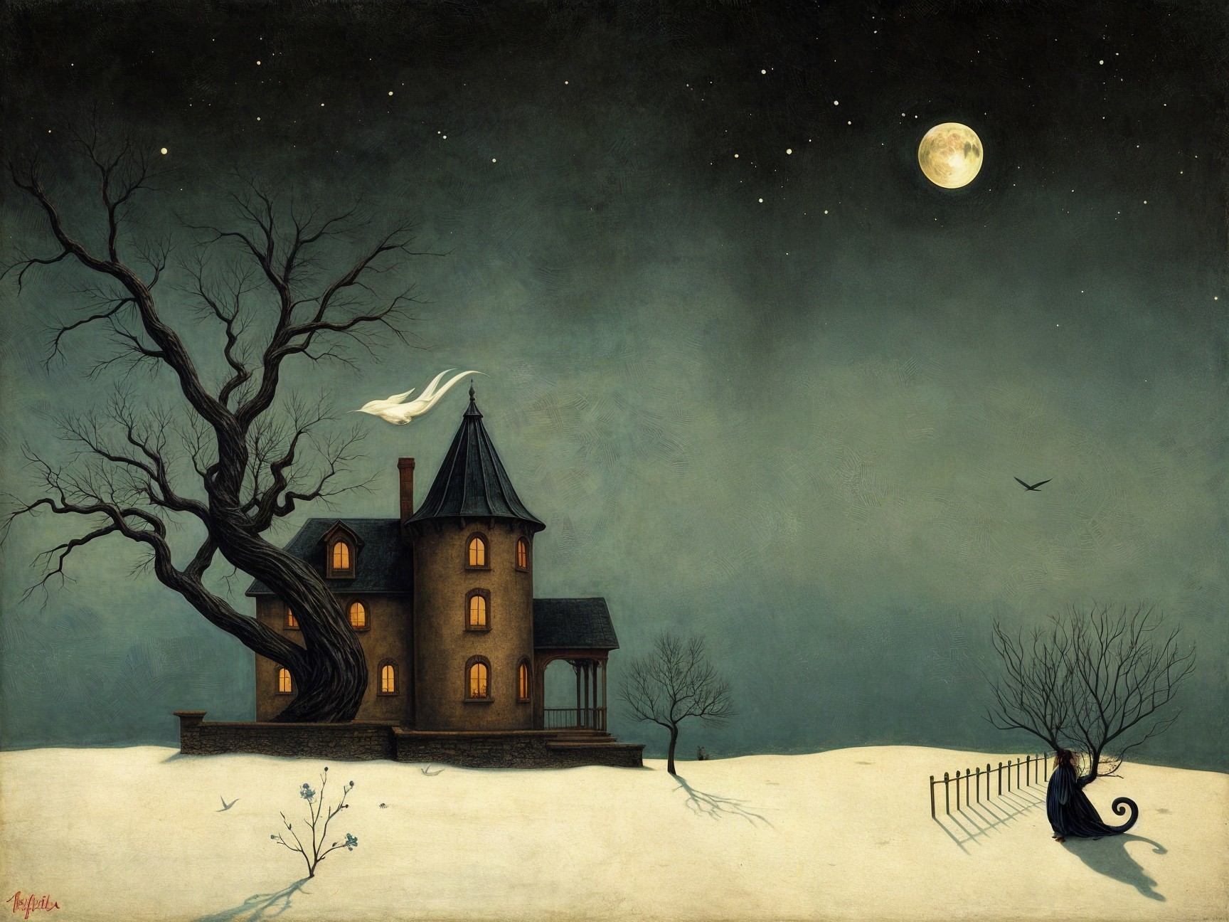 Moonlit Landscape with Solitary House and Cat