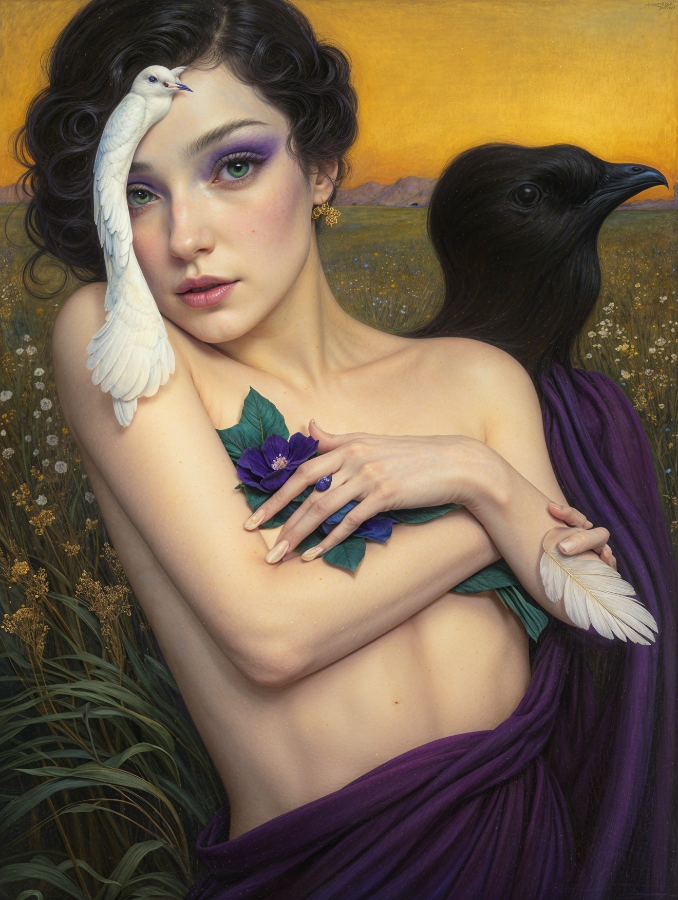 Young Woman in Purple Drapery with Flowers and Birds