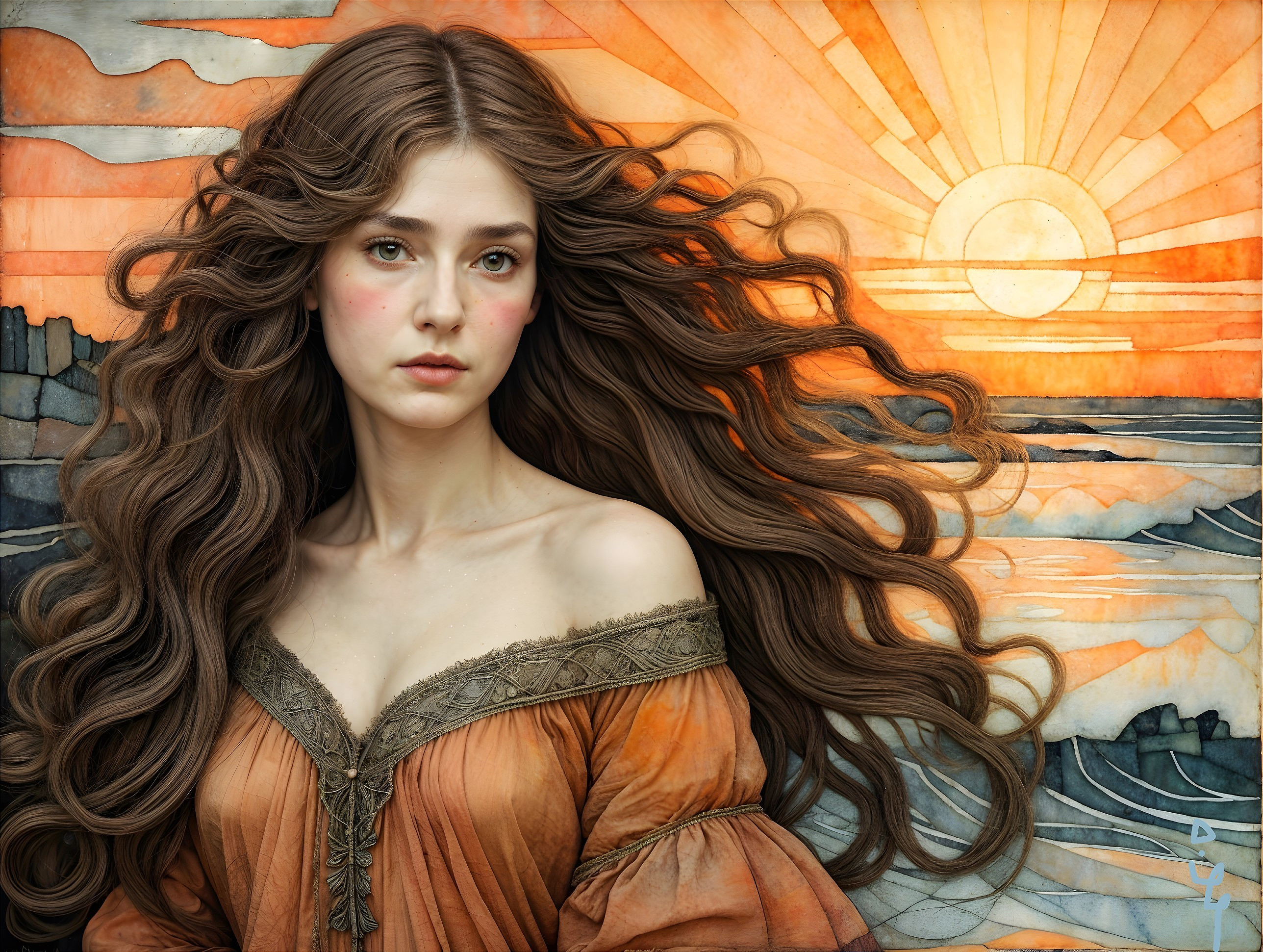 Young woman in orange dress against sunrise landscape