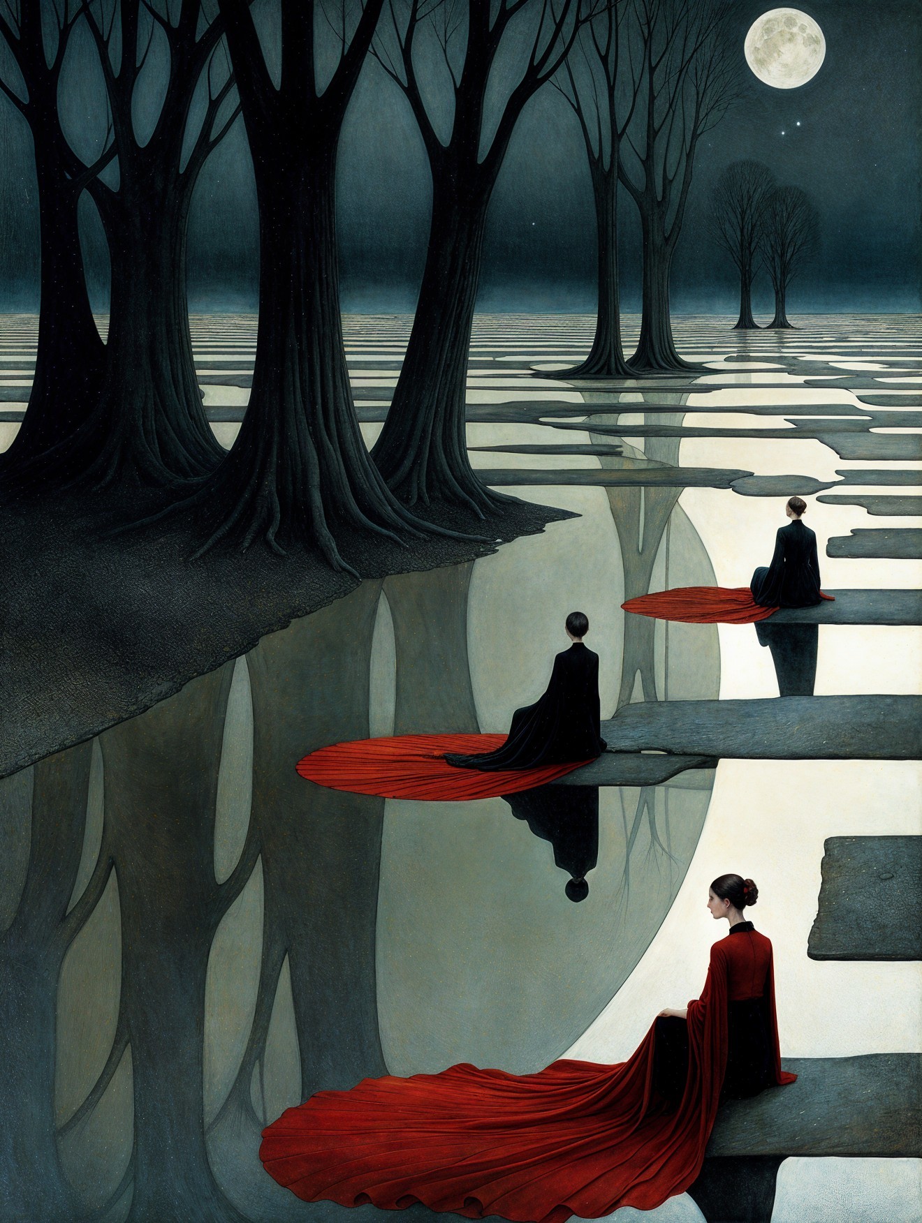 Surreal Landscape with Moonlit Sky and Red Robes